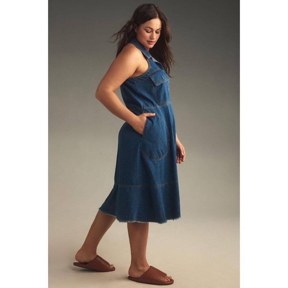 NWT Anthropologie Pilcro Sleeveless Halter Swing Midi Dress 2X Denim Blue - Picture 4 of 8